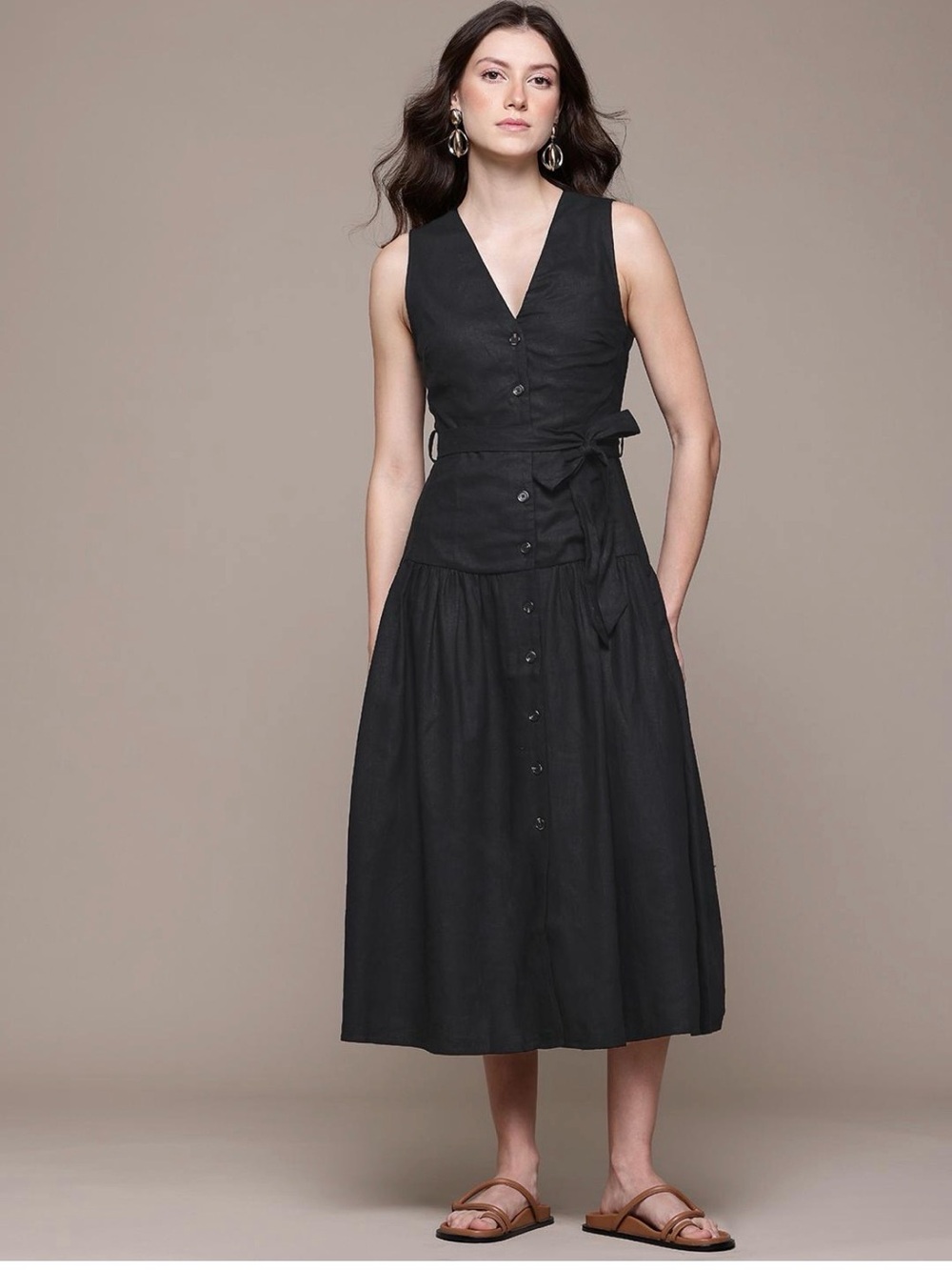 MNG Mango Linen Black Sleeveless Drop Waist Button-Front Midi Dress Waist Tie